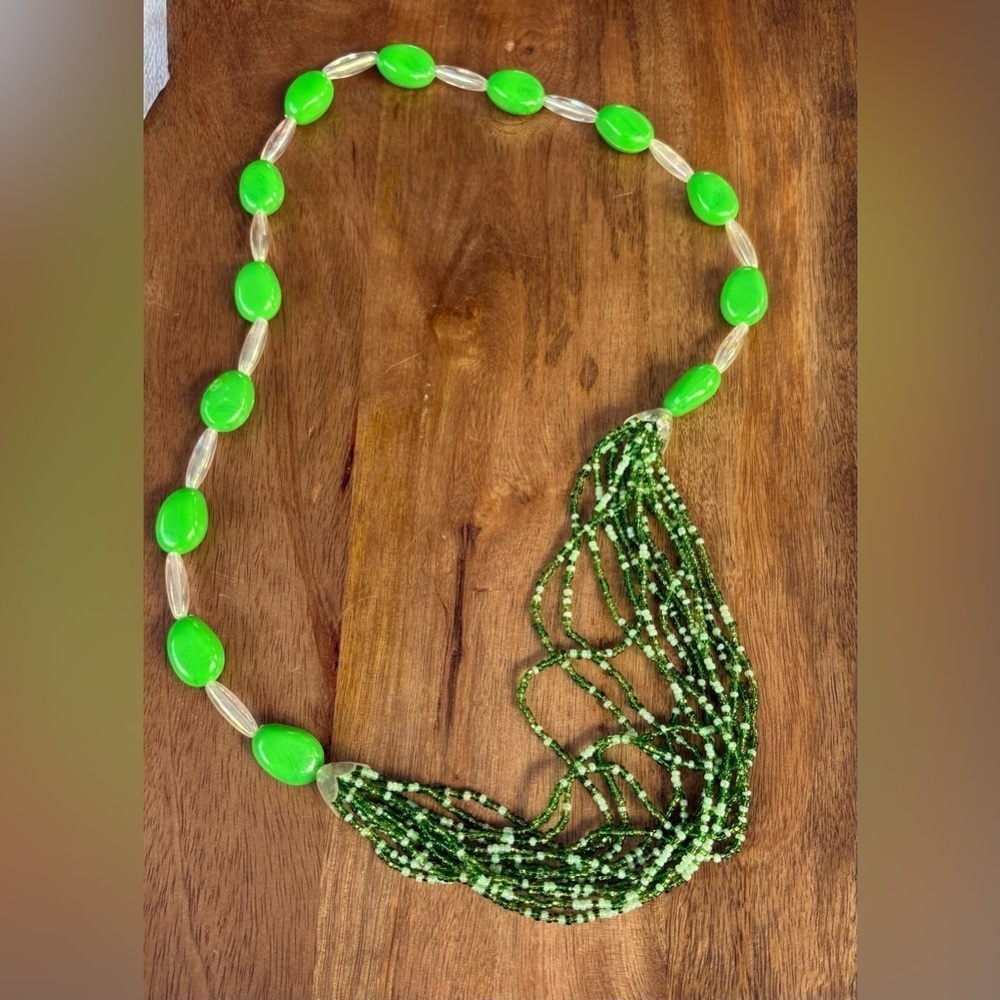 Lime Green Statement Necklace Beads & Multi-Strand Seed Bead Waterfall Design - Picture 5 of 6